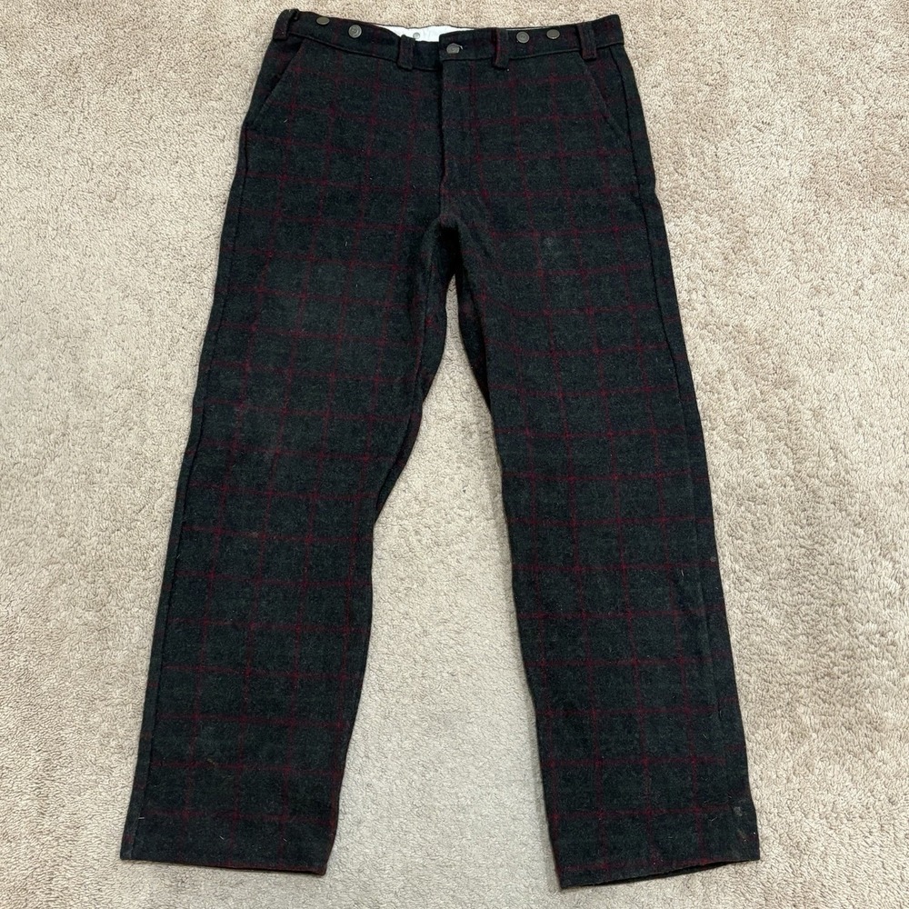 Codet Wool Heavy Plaid Pants Gray Green Red 36X30 Vintage window pane suspenders